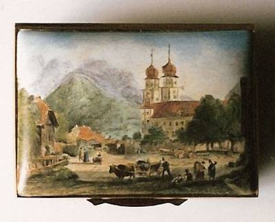 Russian Postcard Scene - Enamel Miniature Painting by Mark D Morris